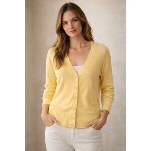 SUNDANCE Yellow Ribbed Cardigan Buttons  Cotton Blend Size MD Casual Minimalist
